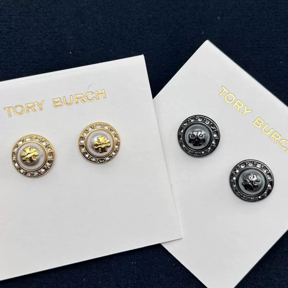 Tory Burch Round Pearl Rhinestone Earrings Pair